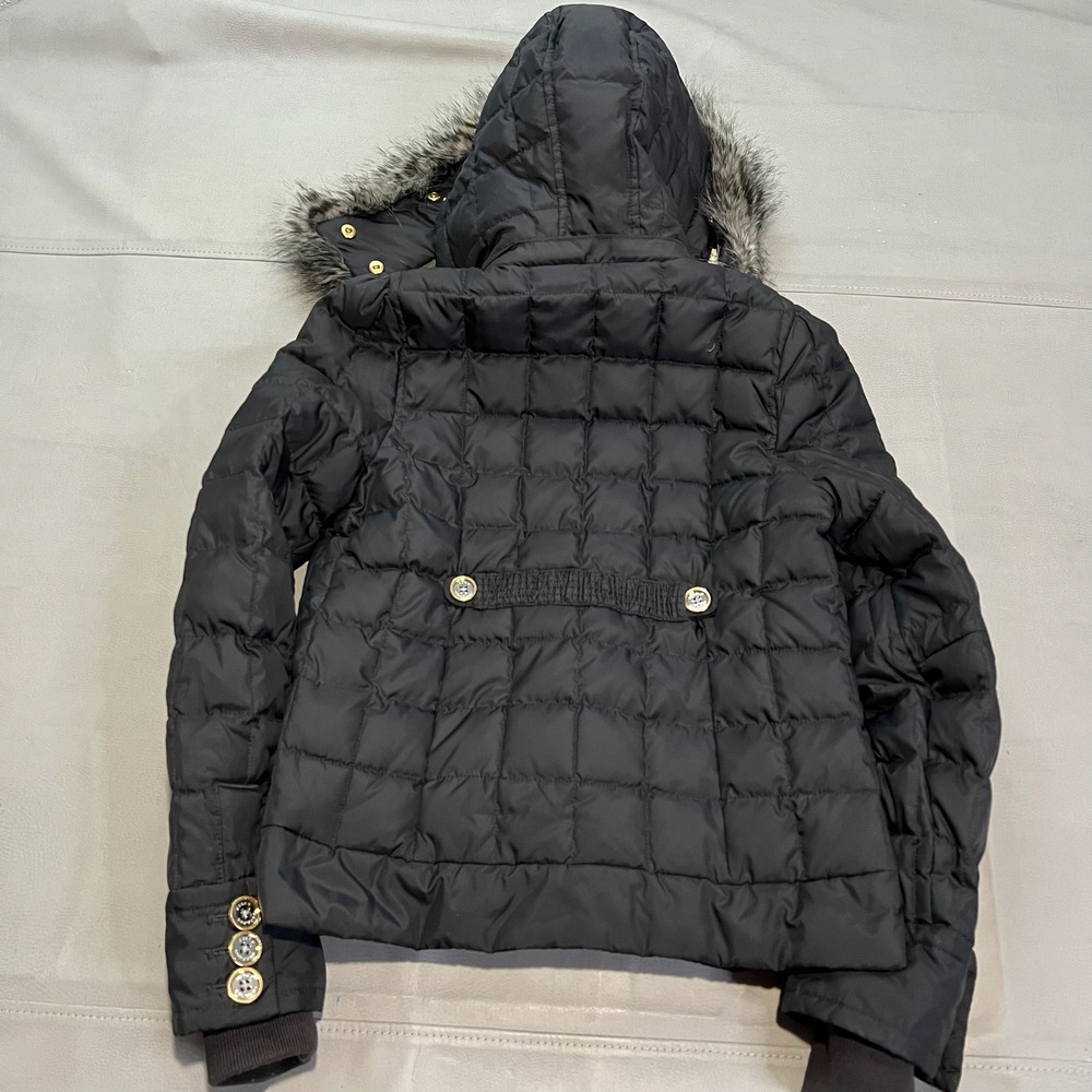 VTG Y2K Juicy Couture Black Quilted Double Down Puffer Jacket Faux Fur Hoodie S - Picture 7 of 9
